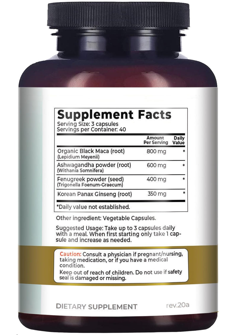[Australia] - Why Not Natural 4-in-1 Organic Black Maca Root, Ashwagandha, Fenugreek, Panax Ginseng Capsules, Supplement for Men and Women (120 Count (Pack of 1) 120 Count (Pack of 1) 