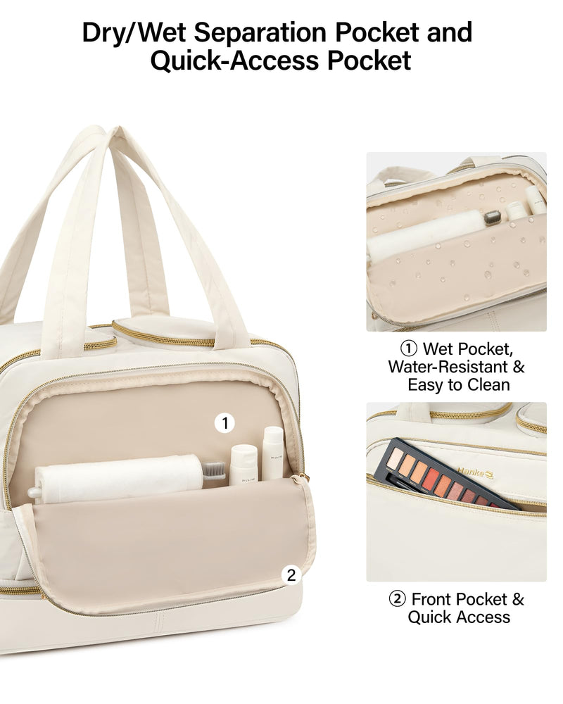Hanke Travel Toiletry Bag, Lightweight Wide-open Large Toiletry Bags for Women, Dual-Layer Makeup Bag Water-Resistant Cosmetic Travel Bag with Handle for Accessories, Essentials, Off White