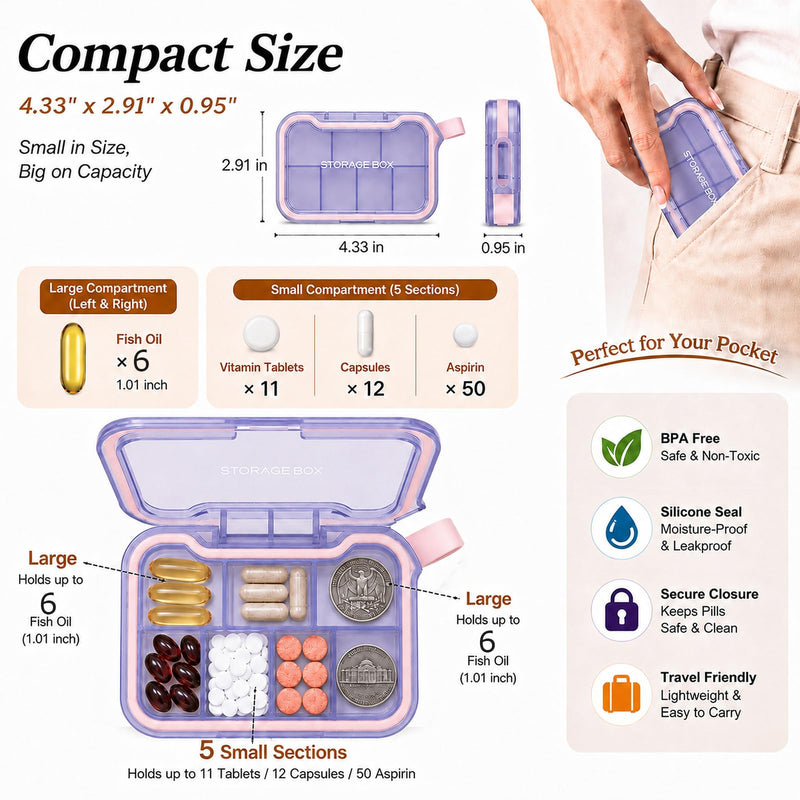 Small Pill Case, Travel Pill Organizer, Pocket Size Medicine Box, 7 Compartments Compact Pill Box for Fish Oil Vitamins Supplements Daily Medications, Purse Backpack Office Amber Purple