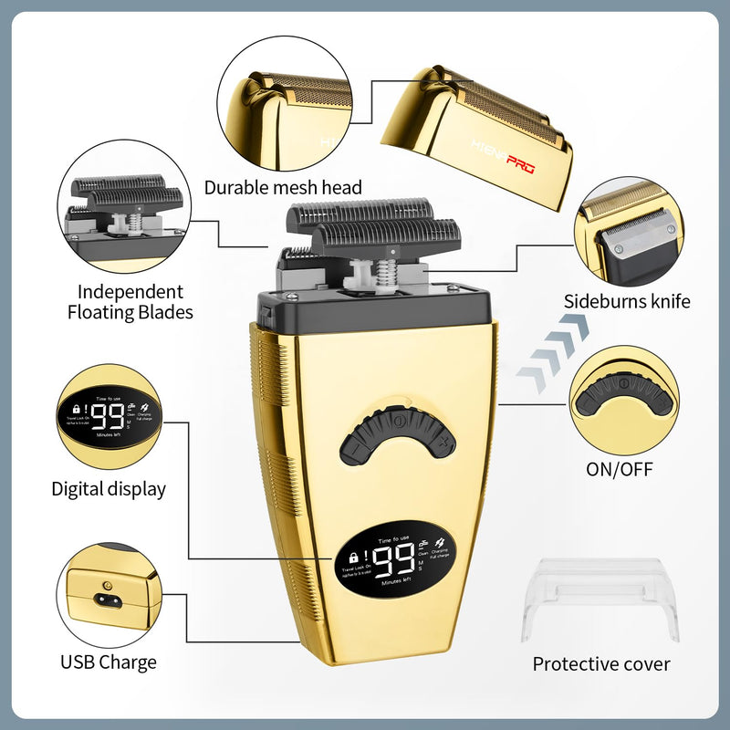[Australia] - HIENA PRO Reciprocating Foil Shaver for Men, Professional Bald Precision Trimmer and Beard Trimmer, Electric Foil Shaver with USB Charging, Grooming Tools, Gifts for Men(Gold) Gold 