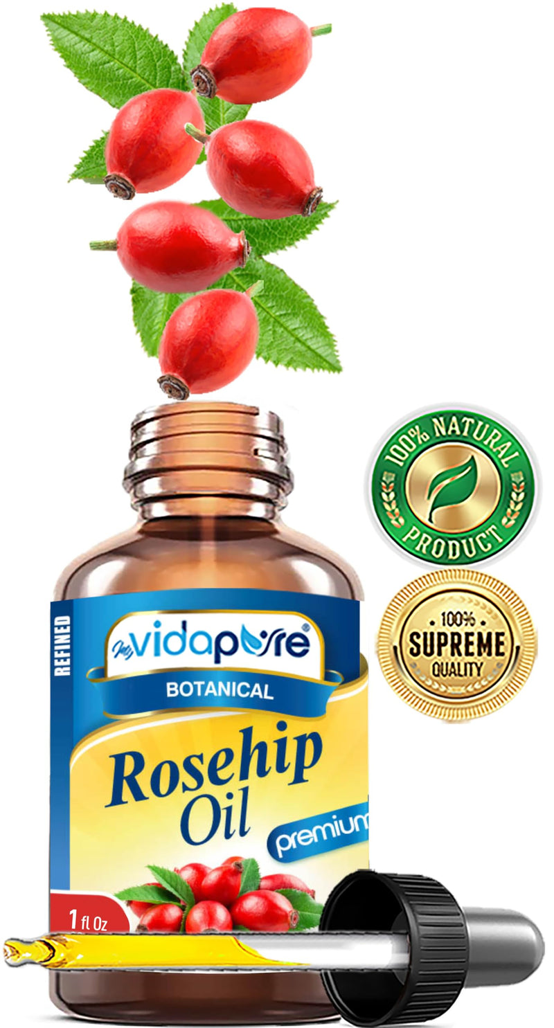 Rosehip Oil Vitamin A, Vitamin C, Vitamen E for Wrinkles, Scars, Stretch Marks, Face, Body, Hair, Lip Care. (1 Fl Oz) 1 Fl Oz (Pack of 1)