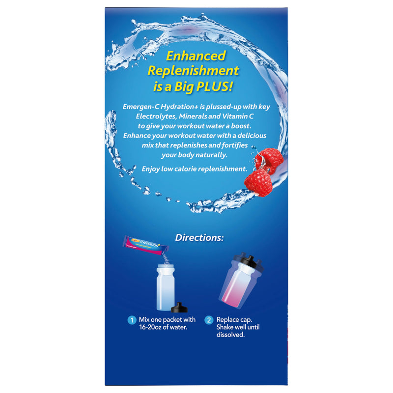 Emergen-C Hydration+ Vitamin C Sports Drink Mix, Raspberry, 18 Packets | Electrolytes for Hydration, 75% Less Sugar, Non-GMO, Vitamin C, Zinc and Manganese, Sports Formula 0.33 Ounce (Pack of 18)