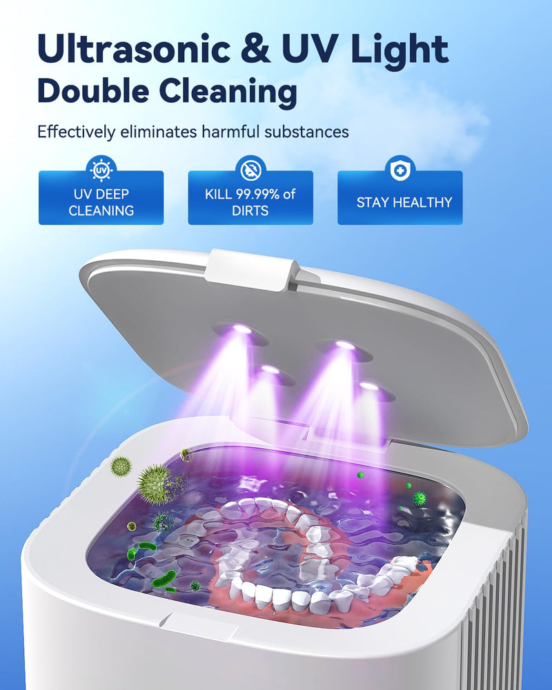 [Australia] - Ultrasonic Retainer Cleaner, Phniti 48kHz Professional Ultrasonic Cleaner Machine for Retainers, Jewelry, Dentures, Mouth Guard, Aligner, Toothbrush Heads, 13OZ Portable Dental Cleaning-White 350ml 