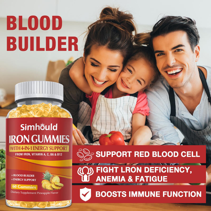 1 Pack Vegan 80MG Iron Supplement Gummies for Women & Men - Vitamin A, C, B for Adults & Kids - Blood & Builder & Energy Support for Iron Deficiency, Anemia - 60 Counts Pineapple Flavor Gummies Yellow - 1 Pack