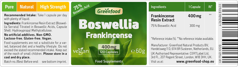 Greenfood Boswellia Serrata, 400 mg, high-dose, 120 Capsules - with 75% boswellic acids. Without Artificial additives. Without Genetic Manipulation. Vegan