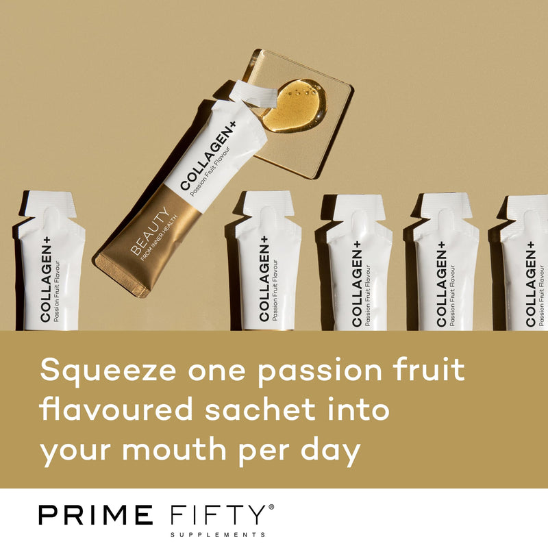 Prime Fifty Liquid Collagen 5,000mg, 14 x 15ml Sachets – Passion Fruit Flavour – Bio-Marine Collagen Supplements for Women – Biotin, Retinol, Selenium & Vitamins A, D, C & B12