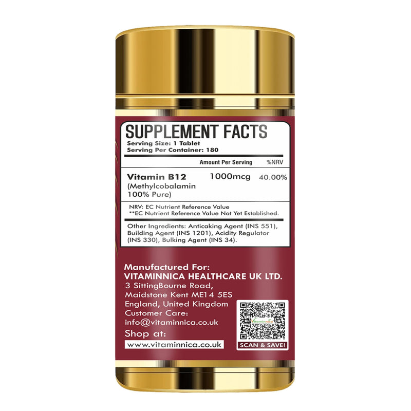 Vitaminnica Vitamin B12-180 Tablets – Energy & Vitality Support, Reduces Tiredness & Fatigue, Supports Nervous System & Red Blood Cell Formation