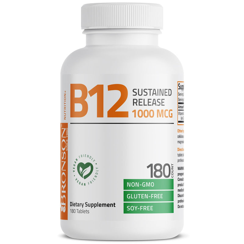 Bronson Vitamin B12 1000 mcg Sustained Release, Energy Support, 180 Tablets | Healthy Brain Function & Nervous System Support, Vegan, Non-GMO, Gluten-Free & Soy-Free 180 Count (Pack of 1)