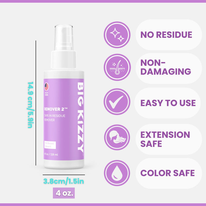 Big Kizzy Remover 2 (4oz) - Tape In Extension Remover for Residue - Quick + Non-damaging Human Hair Extension, Wig, & Hair System Adhesive Residue Remover