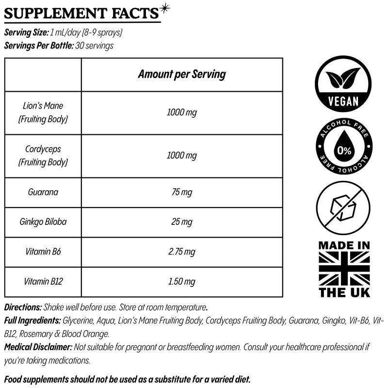 Lucid Move Elixir Oral Spray – Focus & Natural Energy Support with Lion’s Mane, Cordyceps, Guarana, Ginkgo & Vitamins B6 and B12 – Rosemary Blood Orange – 30ml, Vegan, Alcohol Free, Natural
