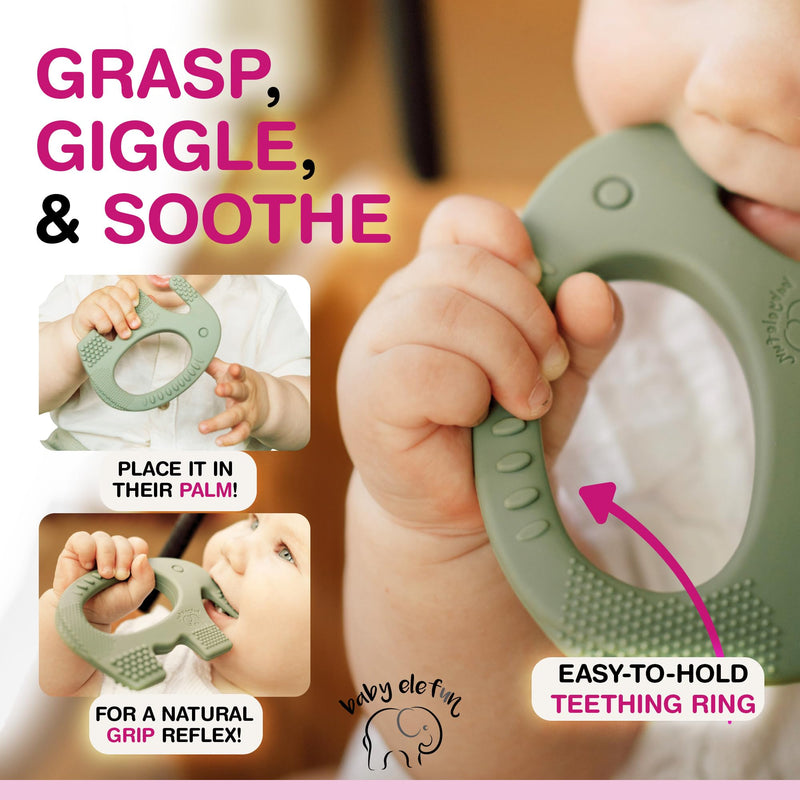 [Australia] - Teething Toys for Babies Age 0 to 6 Months - Baby Elefun 5X Pain Relief Smart Teether - Zero Developmental Delay Silicone Baby Teething Toy Ring - Cute Infant Shower Gift Chew Toy for Babies 0-6 –úonths 0-6 Olive 