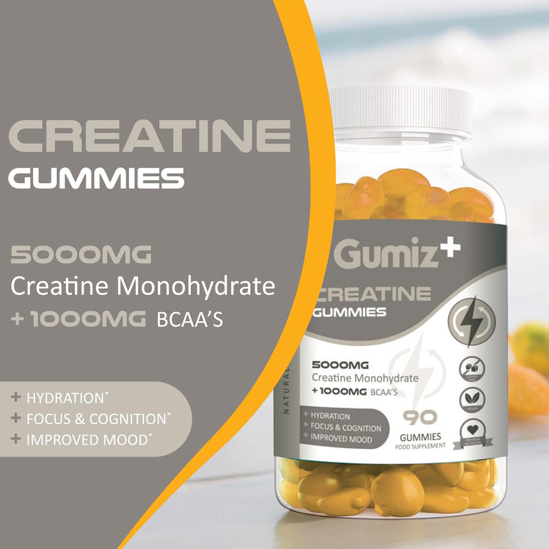 Max 5000mg Creatine Monohydrate Gummies, Added 1000mg BCAAs, Premium Pre-Workout, Gym Supplement | 90 Gummies - 1 Month Supply | Orange Flavour | Vegan & Sugar-Free