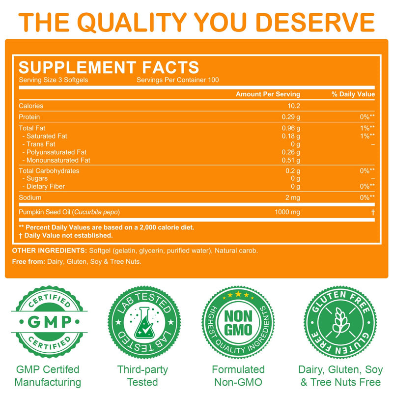 Pumpkin Seed Oil Capsules (1,000mg/serving), Cold-Pressed Pumpkin Seed Oil for Hair Growth, Prostate Health, Urinary Tract Support, 300 Softgels Supplement of Essential Fatty Acids & Zinc