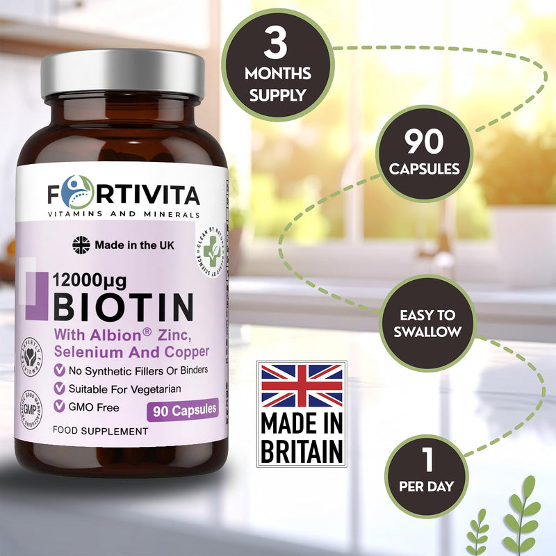 Biotin 12000 µg with Albion® Zinc, Selenium & Copper – High Strength Supplement for Hair, Skin & Nails – 90 Vegetarian Capsules – Made in the UK – GMO Free, No Synthetic Fillers