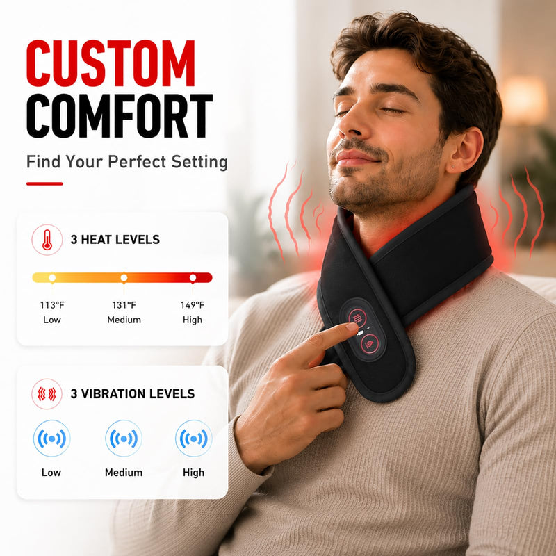 Neck Heating Pad for Pain, Cordless Neck Massager with 660nm 850nm Red Light, 3000mAh Battery and 3 Levels Heat & Massage Heated Neck Brace Wrap for Soreness Stiffness Relief Pain
