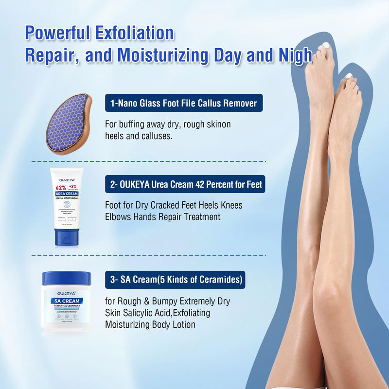 OUKEYA 42% Urea Cream for Dry Rough Skin, Contain Nano Glass Foot File | 3 Oz Tube, 2% Salicylic Acid, Moisturize Lotion, Exfoliating, Heels Care, Hands, Elbows Knees, Softening, Non-Greasy 3 Ounce with Foot File