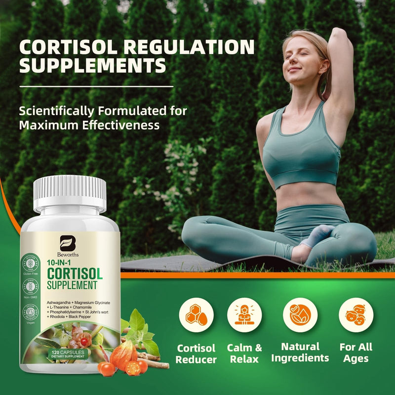 [Australia] - Cortisol Supplements for Women Men, 10-in-1 Cortisol Detox with Ashwagandha, Magnesium, L-Theanine, Balanced Cortisol Levels, Night & Calm Support, 120 Vegan Capsules 120 Count (Pack of 1) 