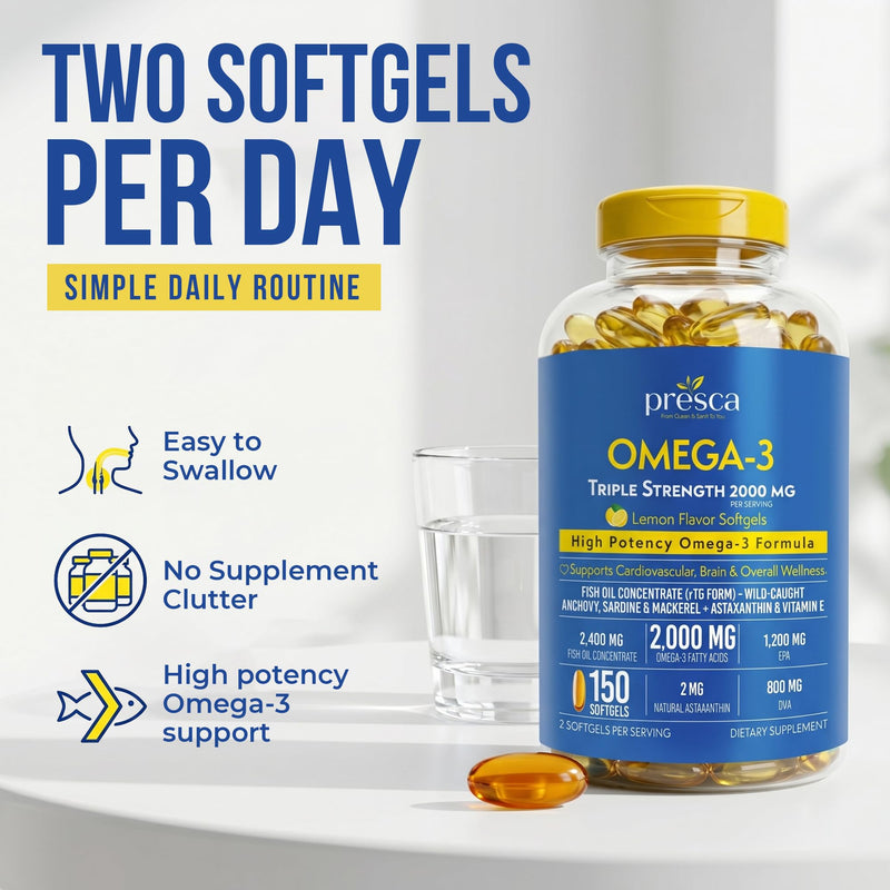 Triple Strength Omega 3 Fish Oil 2400mg w/Astaxanthin 150 Softgels | rTG form 1200mg EPA + 800mg DHA | Vitamin E — Lemon flavor Wild‑caught, Burpless | Supports heart brain & joints | 75 serving