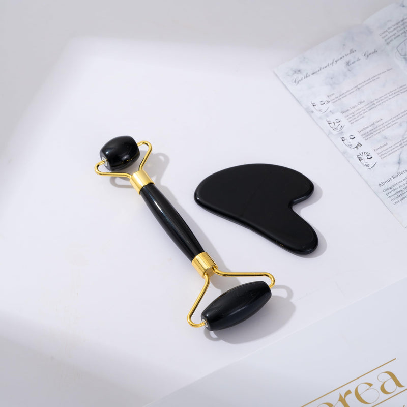 Yssarea Obsidian Roller and Gua Sha - Face Roller | 100% Natural Obsidian Stone Set | Dual Sided Face Massager | Reduces Signs of Aging