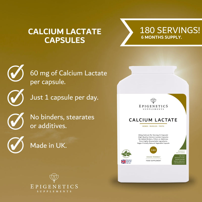 Calcium Lactate | Calcium 60mg Pure Capsule | Bone & Skeletal Health | 180 Vegan Capsules UK Made | 1 Capsule Daily (6 Month Supply), Natural Ingredients