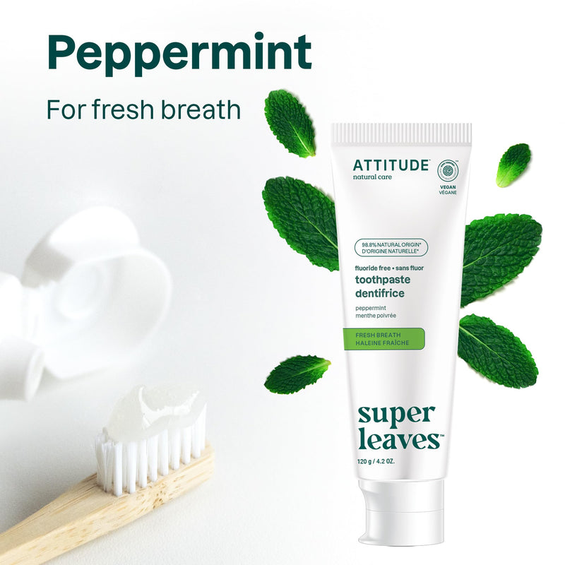[Australia] - ATTITUDE Fluoride-Free Fresh Breath Toothpaste, Peppermint Flavor, Vegan & Cruelty-Free, Sugar-Free, Plant & Mineral-Based Ingredients, Clean Oral Care, 4.2 Oz 4.2 Ounce (Pack of 1) 