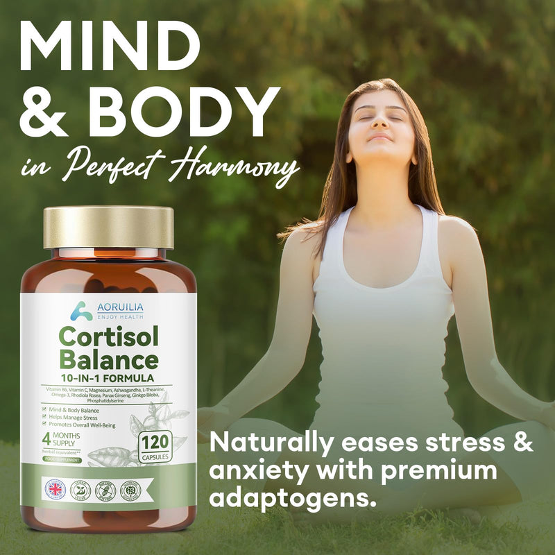 Cortisol Reducing Supplements, 10 in 1 Cortisol Detox & Blocker with 4000mg High Strength Ashwagandha, Magnesium Blend, L-Theanine, Omega-3 Fatty Acids for Mind & Body Balance, 120 Capsules