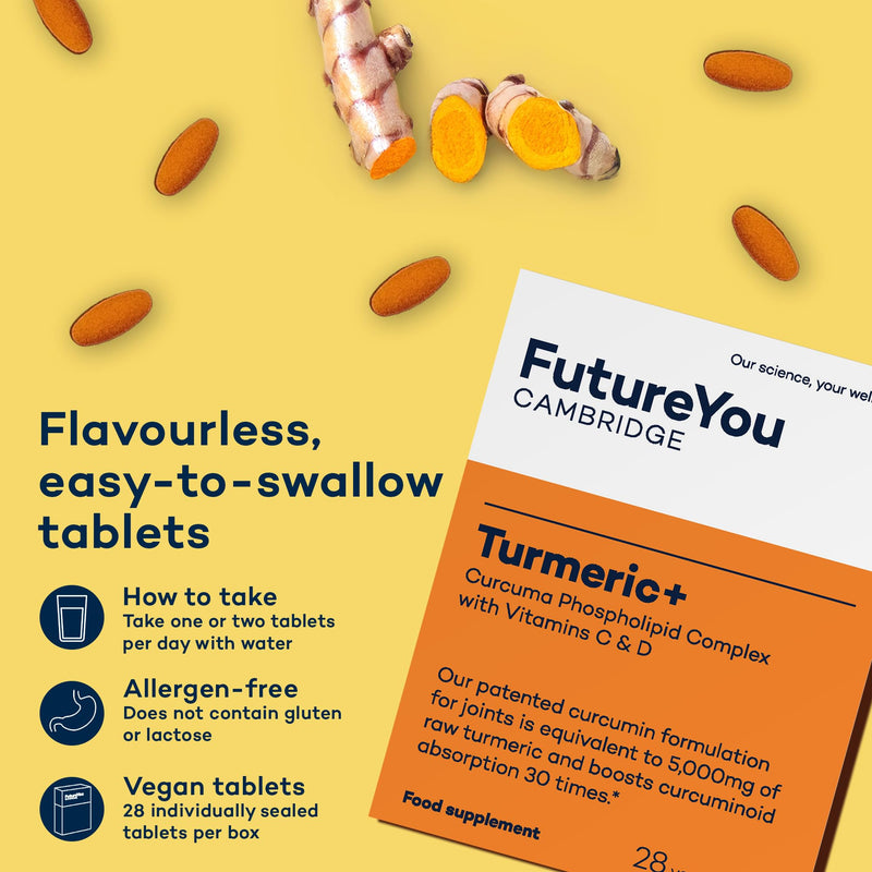 Turmeric+ Supplement – 28 Turmeric Tablets 30x More Absorbable – Curcumin Tablet Patented Meriva Formulation with Vitamins C – Turmeric Tablets for Bones, Joints & Muscles by FutureYou Cambridge 1 count (Pack of 28)