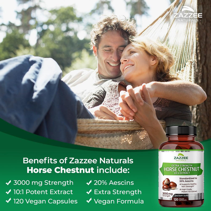 Zazzee Extra Strength Horse Chestnut 10:1 Extract, 3000 mg Strength, 20% Aescins, 4 Month Supply, 120 Vegan Capsules, Concentrated and Standardized 10X Extract, All-Natural, Non-GMO, Made in The USA - PawsPlanet Australia