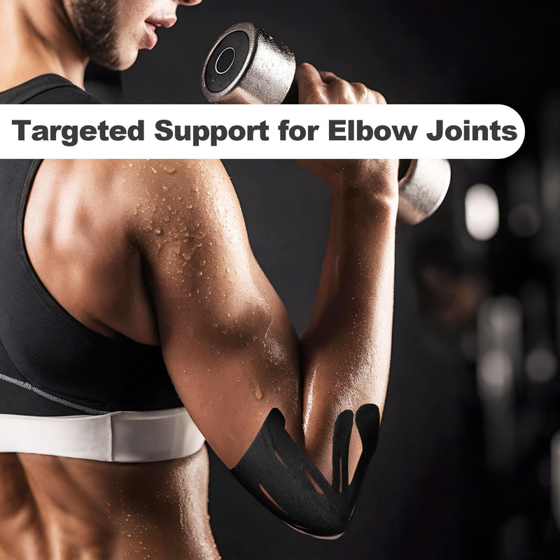 20 Count Pre-Cut Kinesiology Tape for Elbow, Precut Muscle Tapes Strips for Elbow Waterproof Breathable Hypoallergenic Latex-Free, Elastic Cotton Sports Athletic Tapes for Elbow Pain Relief & Support Black