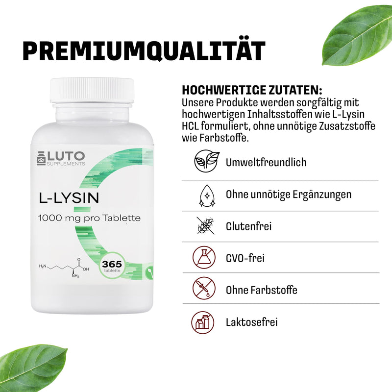 [Australia] - L-Lysine 1000-365 tablets - 1000 mg per ONE tablet - From plant fermentation - Without unwanted additives - High dosage - Vegan - LUTO Supplements 