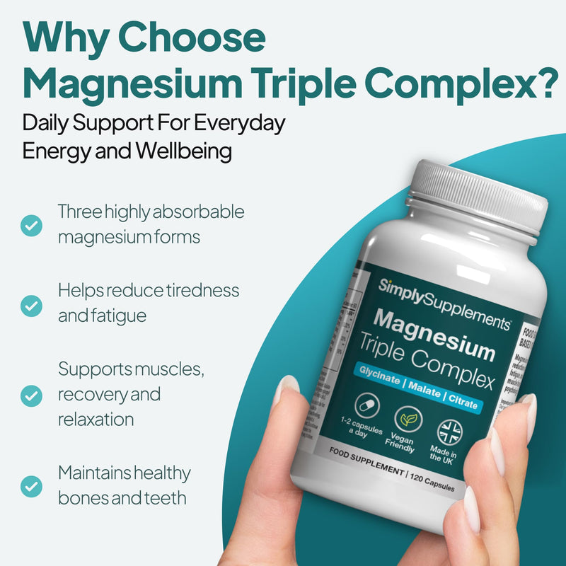 Magnesium Triple Complex | Glycinate, Malate & Citrate | Supports Energy, Muscles, Bones & Nervous System | 120 Vegan Capsules | UK Made | GMP-Certified