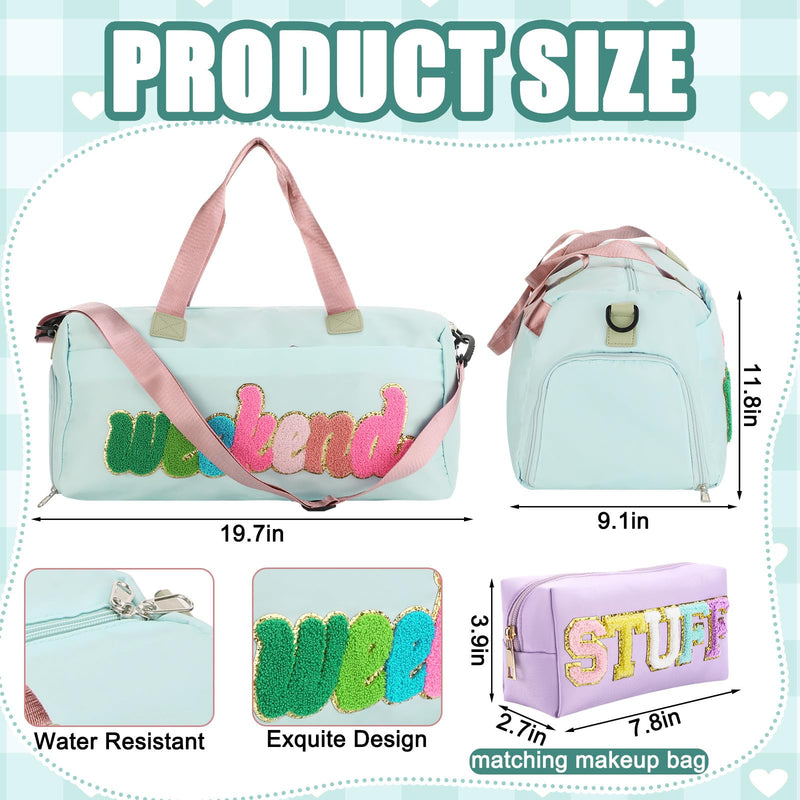 Shinylin 2 Pcs Weekender Bags for Women Sleepover Overnight Bag with Shoe Compartment Green Pink Chenille Letter Travel Duffle Bag for Girls Travel Gym Hospital