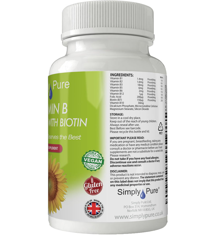 Vitamin B Complex with Biotin for Tiredness, Hair Strength & Growth and Immunity Boost | New Formula | 195mg Tablets x 90 | Gluten Free | GM Free | Vegan