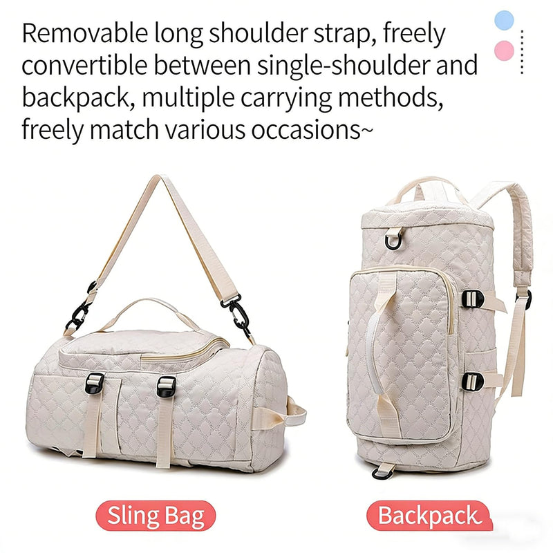 Jupkem Quilted Travel Duffel Bag Backpack Large-capacity independent shoe compartment Adjustable Carry Strap Gym Tote Bag (White) White