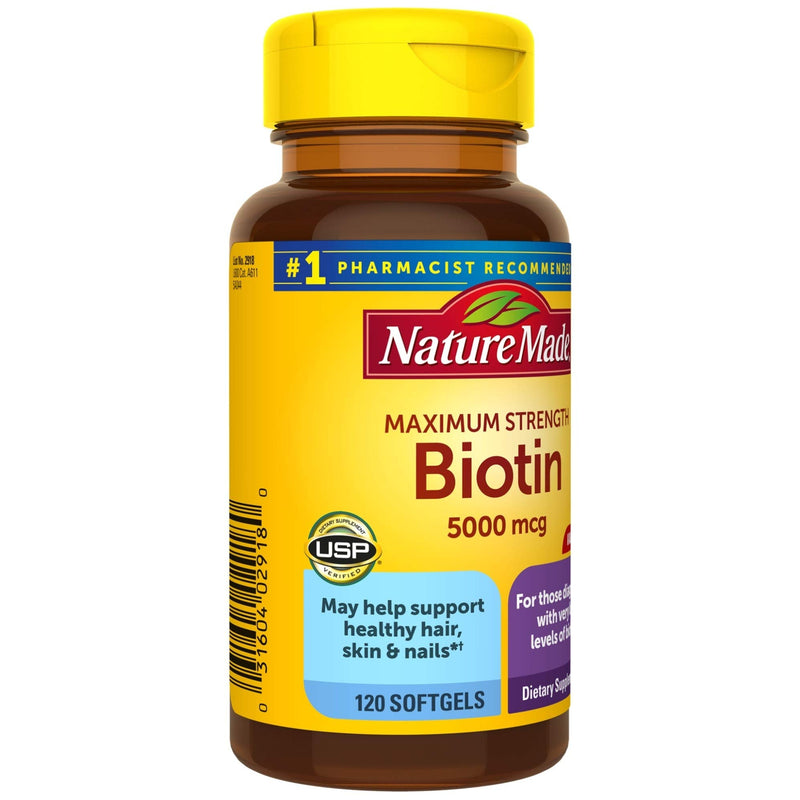 [Australia] - Nature Made Maximum Strength Biotin 5000 mcg, Dietary Supplement may help support Healthy Hair, Skin & Nails, 120 Softgels 120 Count (Pack of 1) 