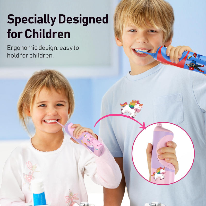 [Australia] - COSLUS Kids Water Dental Flosser Deep Cleaning Picks, Portable, 4 Modes for Ages 6+ Safe Waterproof Flosser Rechargeable with 4 Jet Tips for Gums Care F5023 Pink Purple 