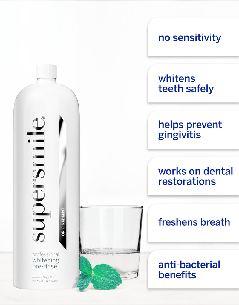 Supersmile Whitening Pre-Rinse, Original Mint, Alcohol-Free, 16 Fl Oz | Pre-Brush Mouthwash Primes Teeth for Whitening, Calprox® Powered, No Alcohol Burn, Daily Use, Veneer Safe