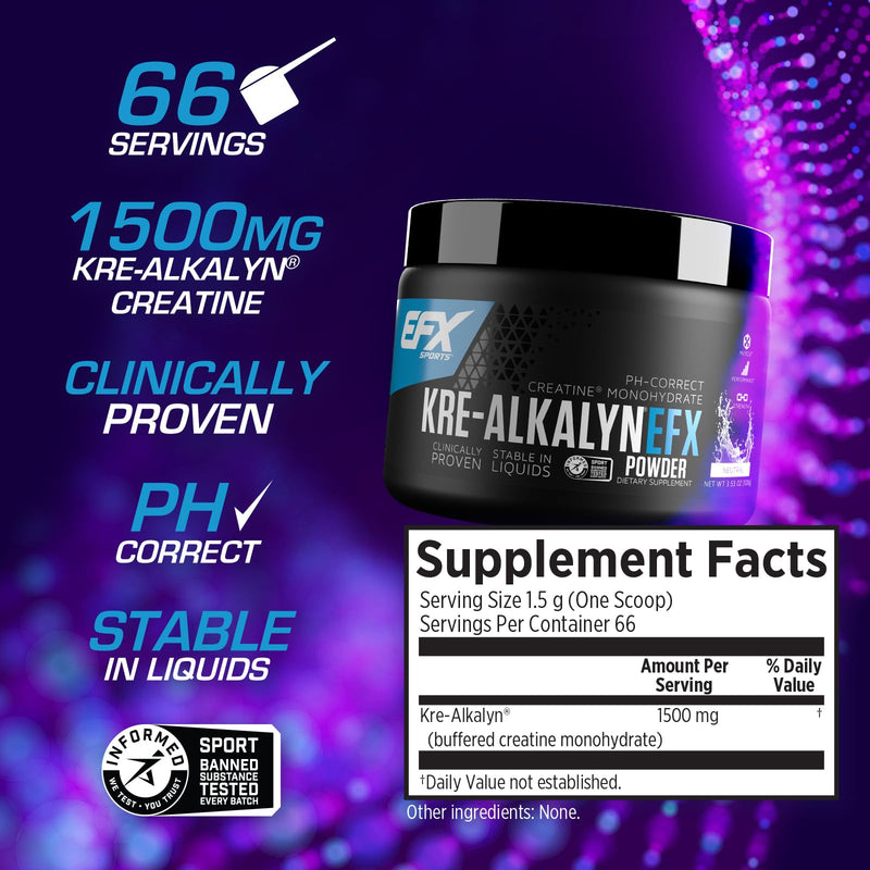 [Australia] - EFX Sports Kre-Alkalyn EFX Powder | pH Correct Creatine Monohydrate Powder Supplement | Strength, Muscle Growth & Performance | 66 Servings (Unflavored) Neutral 