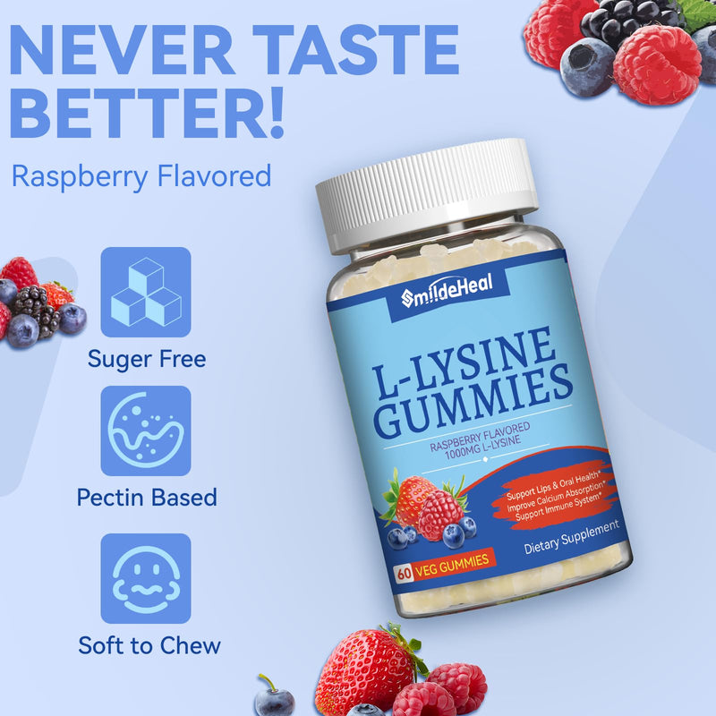 [Australia] - 2 Pack L-Lysine 1000mg Gummies, Chewable Lysine Supplement for Adults, Immune Support, Collagen Formation Support, Non-GMO, Vegan, Gluten Free - 120 Counts 