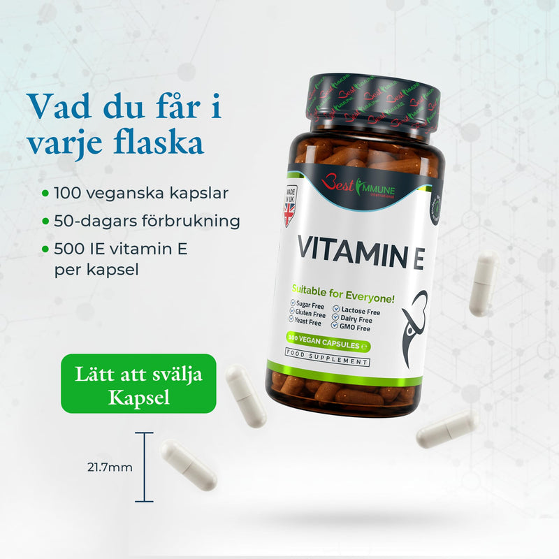 Best Immune, 100% Vitamin E 500iu Improved Formula 100 Vegan Capsules Highest bioavailability 100 count (Pack of 1)