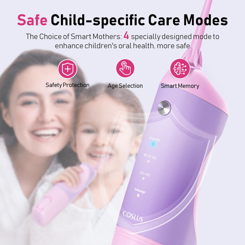 [Australia] - COSLUS Kids Water Dental Flosser Deep Cleaning Picks, Portable, 4 Modes for Ages 6+ Safe Waterproof Flosser Rechargeable with 4 Jet Tips for Gums Care F5023 Pink Purple 