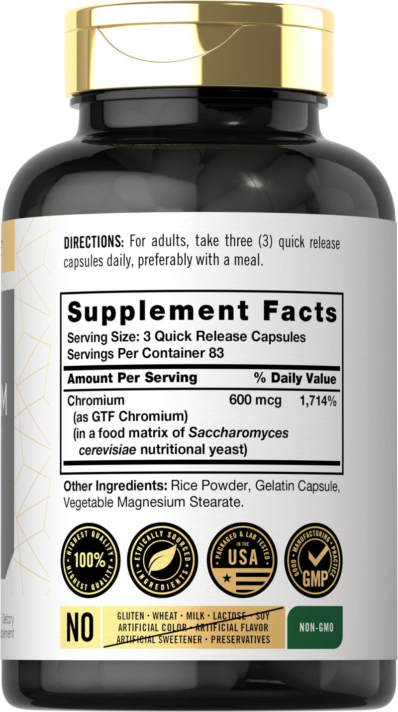 Carlyle GTF Chromium 600 mcg | 250 Capsules | Non-GMO, Gluten Free