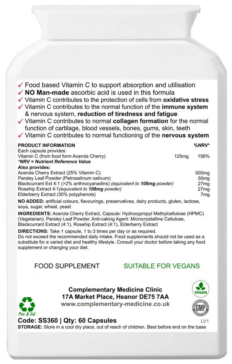 WholeFood VIT C - 100% Natural - NO Ascorbic Acid - HIGH Bioavailability - Acerola Cherry, Rosehip, Blackcurrant, Parsley Leaf, Elderberry - 60 Capsules