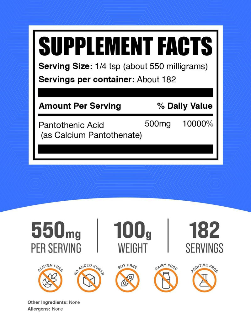 BulkSupplements.com Vitamin B5 Powder - as Calcium Pantothenate, B5 Vitamins - Gluten Free, 500mg of Vitamin B5 Pantothenic Acid per Serving, 100g (3.5 oz) (Pack of 1) 3.53 Ounce (Pack of 1)
