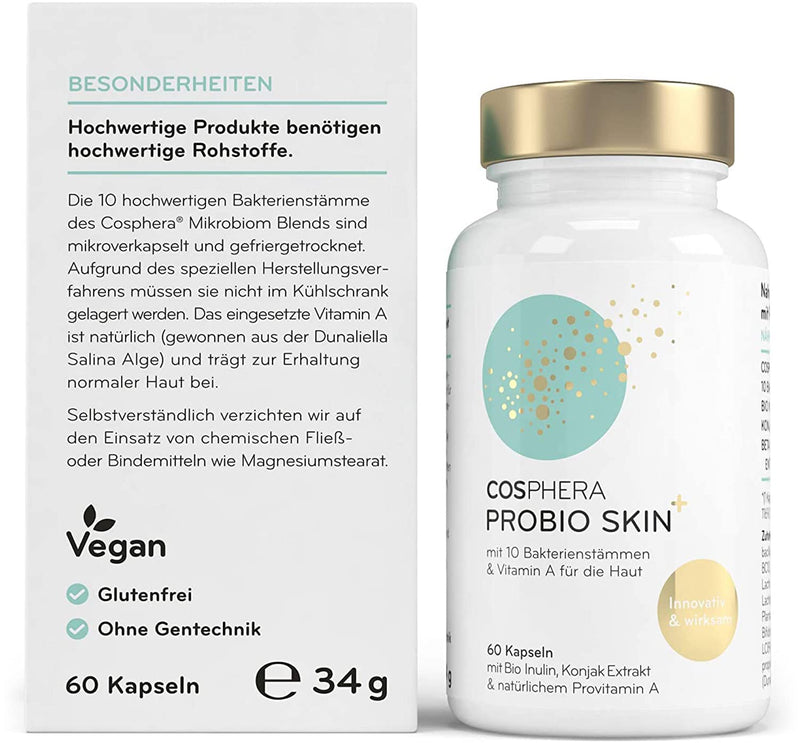 [Australia] - Probio Skin Capsules High Dose Probiotic Vegan I Probiotics & Prebiotics - Enriched with Organic Inulin, Vitamin A and Konjac Root Extract - 60 Capsules 
