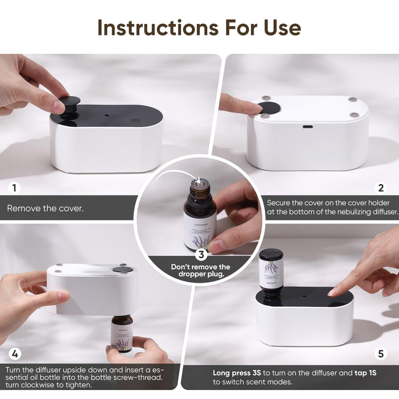 [Australia] - Waterless Diffuser for Essential Oil, Battery Operated Scent Air Aromatherapy Diffuser, Mini Aroma Diffusers with 3 Intermittent Mist Modes, Cycle Start, for 400 sq.ft Room Home Office Bedroom White 