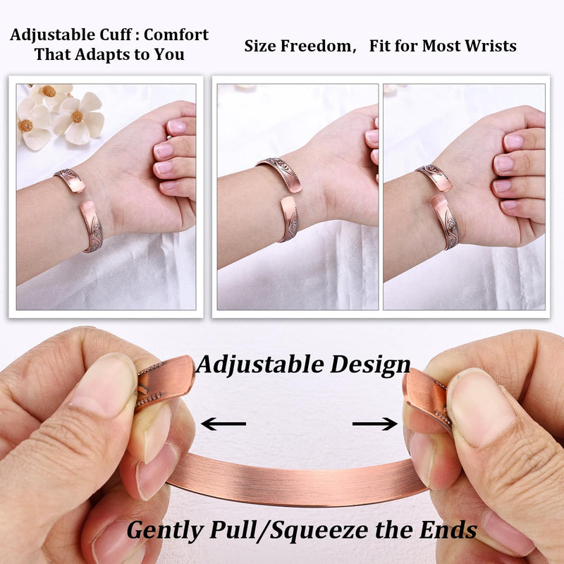 [Australia] - BioMag Copper Bracelet & Ring for Women, 99.99% Pure Copper Magnetic Bracelet Lymphatic Drainage Rings with 3500 Gauss Magnets, Adjustable & Flower Pattern 
