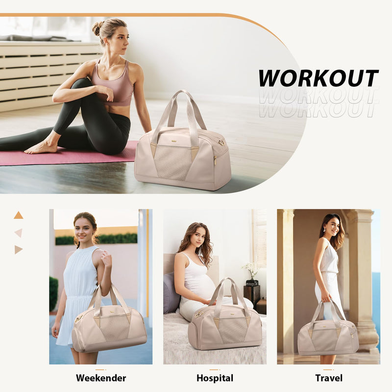VNINE Duffle Bag for Women Men Travel Bags with Shoes Compartment Carry On Weekender Bag Airlines Approved Duffel Bag with Wet Pocket Water Resistant Overnight Sports Workout Dance Bags Beige