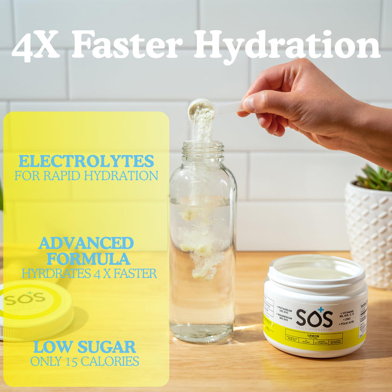 SOS Hydrating Electrolyte Powder (Lemon Flavour - Bulk 31 Servings) Best Fast Acting, Low Calorie Rehydration Sports Drink