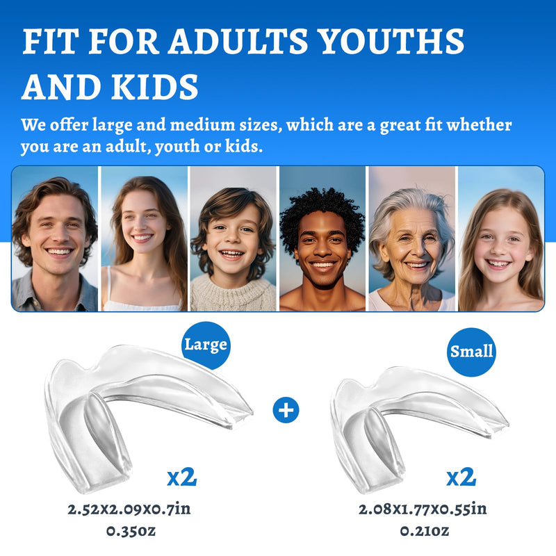 Night Guard for Teeth Grinding & Clenching – BPA-Free Dental Mouth Guard for Sleeping, Adults – 4 Pack with Case (2 Sizes) – Comfortable Nighttime Protector